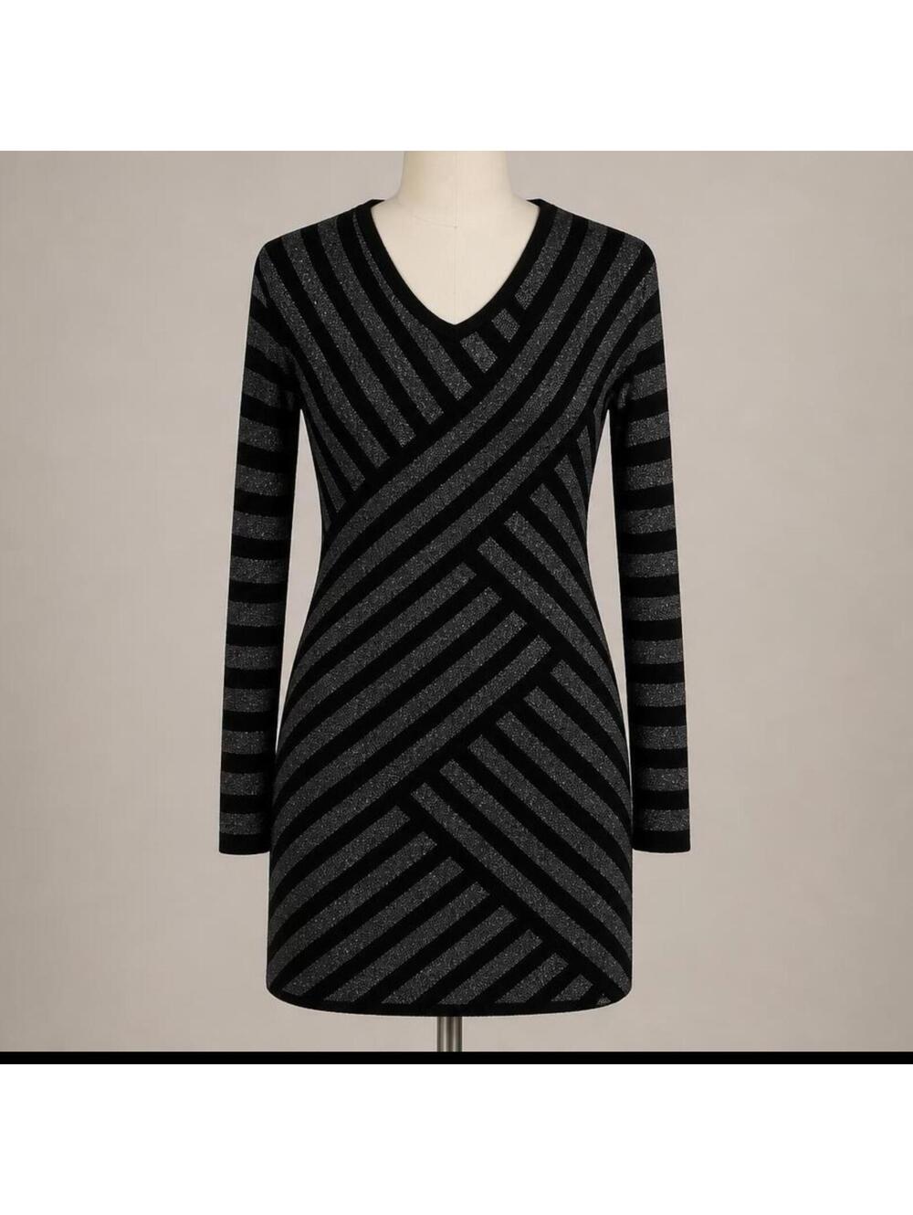 White House Black Market Black and Metallic Striped V-Neck Sweater Dress Medium
